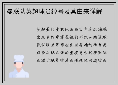 曼联队英超球员绰号及其由来详解